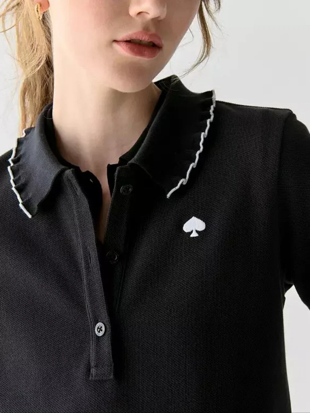 Kate Spade Ruffle Logo Black Polo Top, S